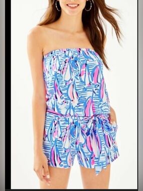 Lilly Pulitzer Strapless Ritz Romper Blue Haven Red Right Return Sailboat M